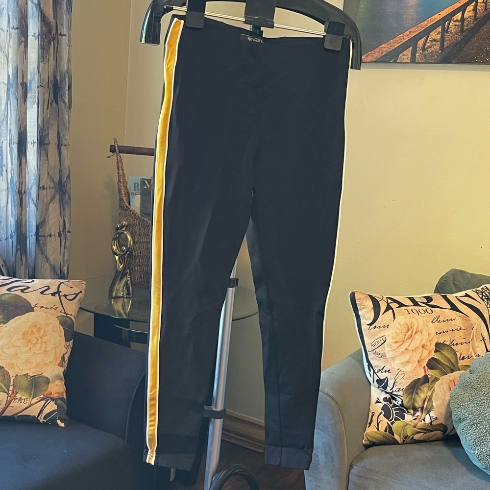 Black Slack Leggings with a side mustard accent stripe